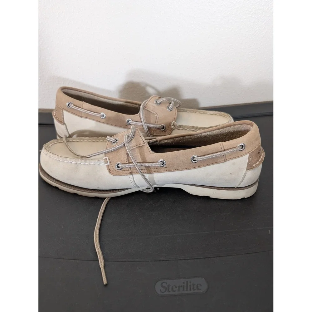 Sperry Top-Sider Mens 11.5 Boat Shoes Beige Cream Leather Deck Shoes Moc Toe